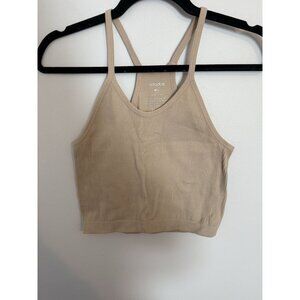 Ododos Tank Top Womens M/L Tan Ribbed High Neck Yoga Stretch Cropped